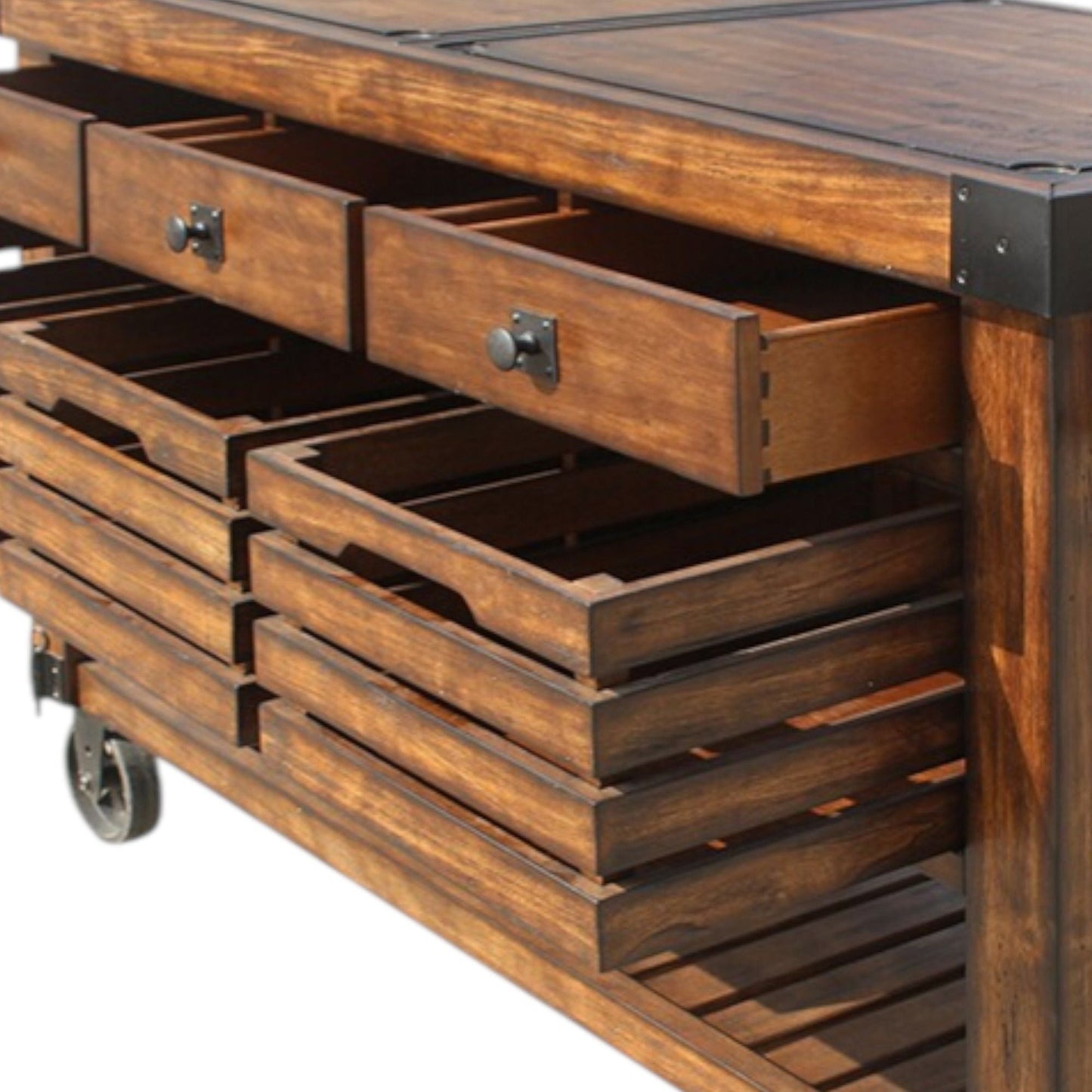Kaif Distressed Chestnut Kitchen Cart, wooden accent table with drawer storage on wheels on Tampa Home & Garden Store