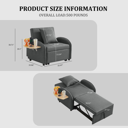Sleeper sofa chair bed 3-in-1 with adjustable back and foldable table in gray fabric on Tampa Home & Garden Store
