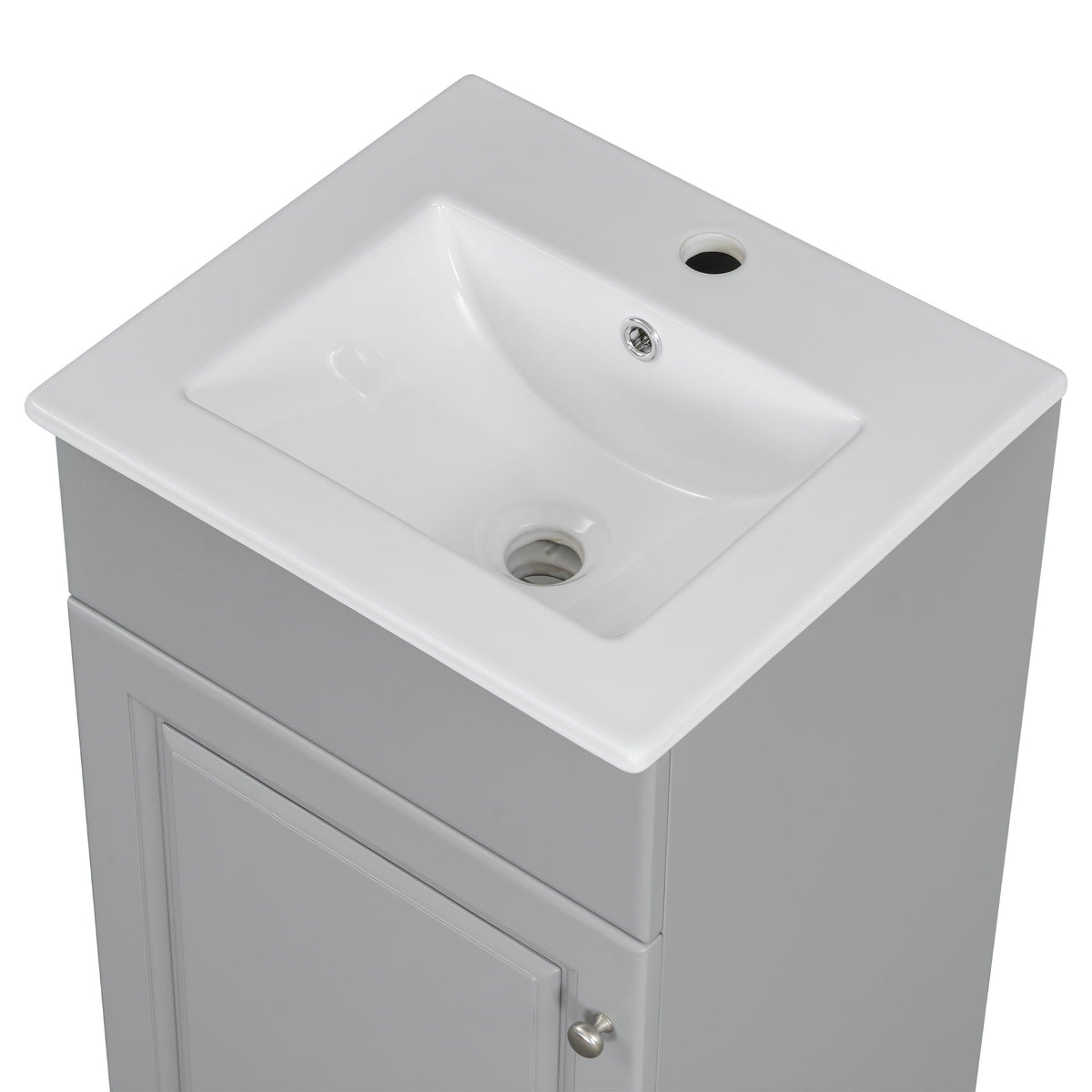 Bathroom vanity with sink atop gray cabinet, white integrated basin, faucet hole, chrome drain on Tampa Home & Garden Store