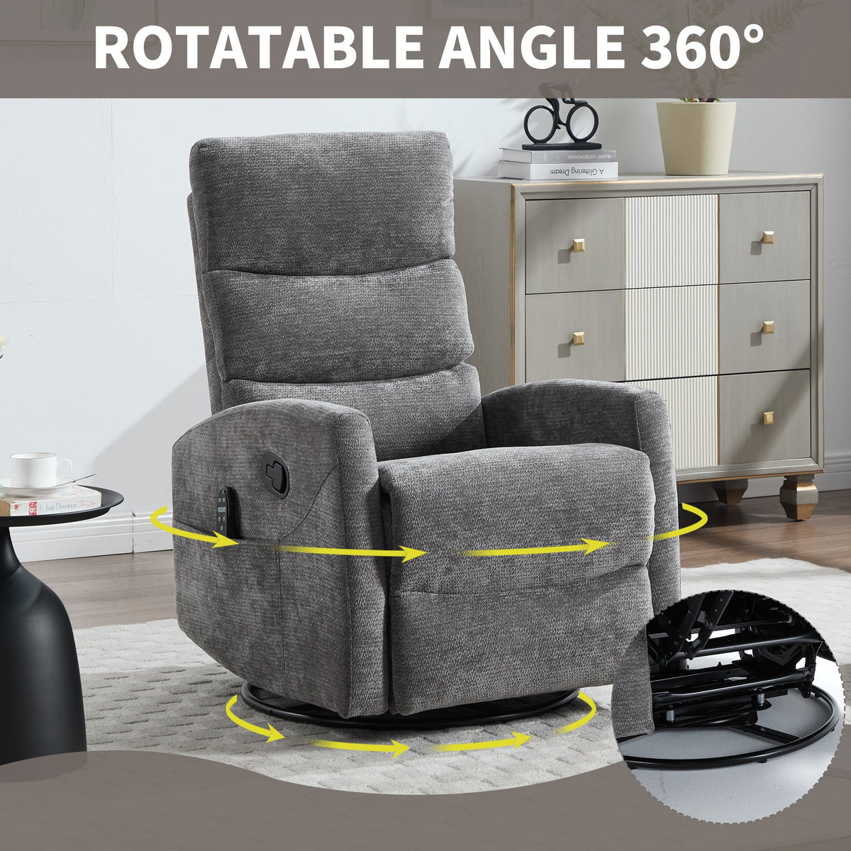 Heat massage manual recliner chair in gray textured fabric with rocker and 360° swivel on Tampa Home & Garden Store