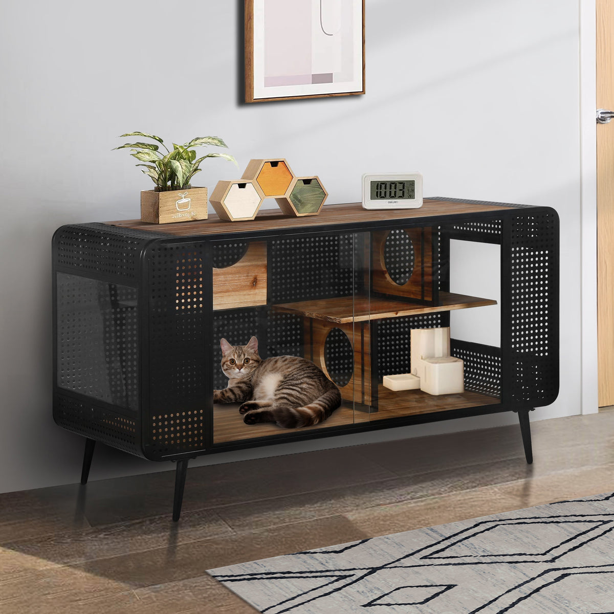 Modern Spacious Cat House Black Brown HouseOfZazla with metal frame and hex shelves on Tampa Home & Garden Store