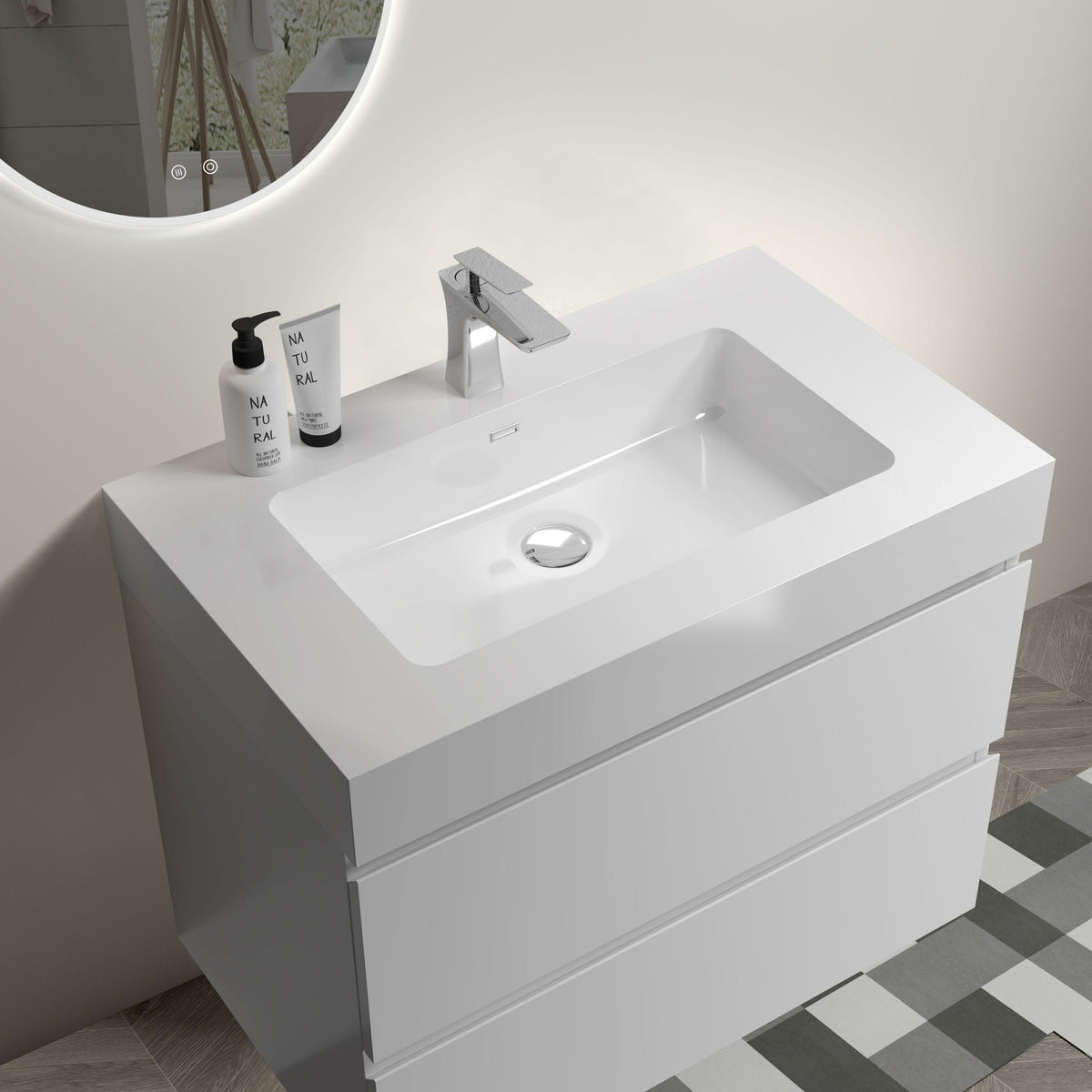 Modern floating bathroom vanity, white finish, sink, chrome faucet, large storage drawers on Tampa Home & Garden Store
