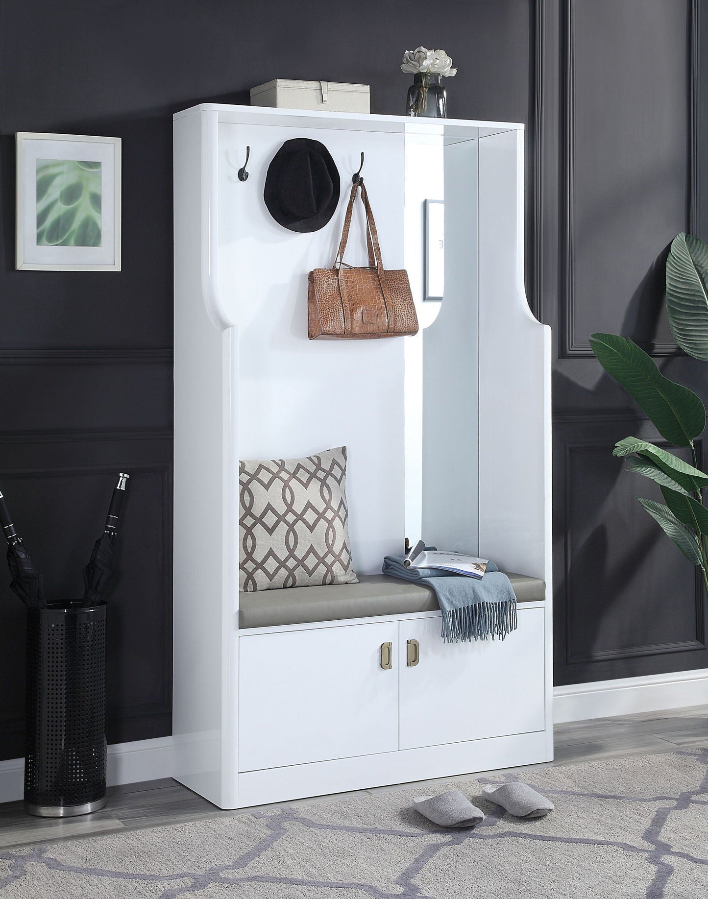Buck II High Gloss Hall Tree White with hooks, bench seating and drawers by HouseOfZazla on Tampa Home & Garden Store
