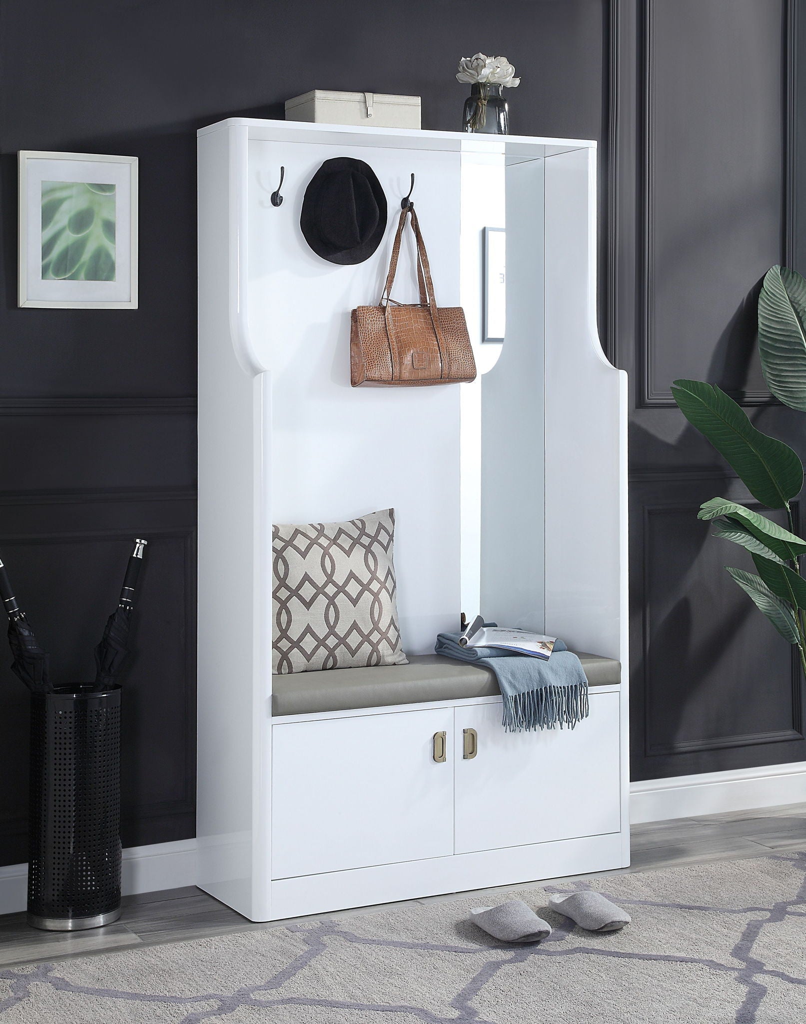 Buck II High Gloss Hall Tree White with hooks, bench seating and drawers by HouseOfZazla on Tampa Home & Garden Store