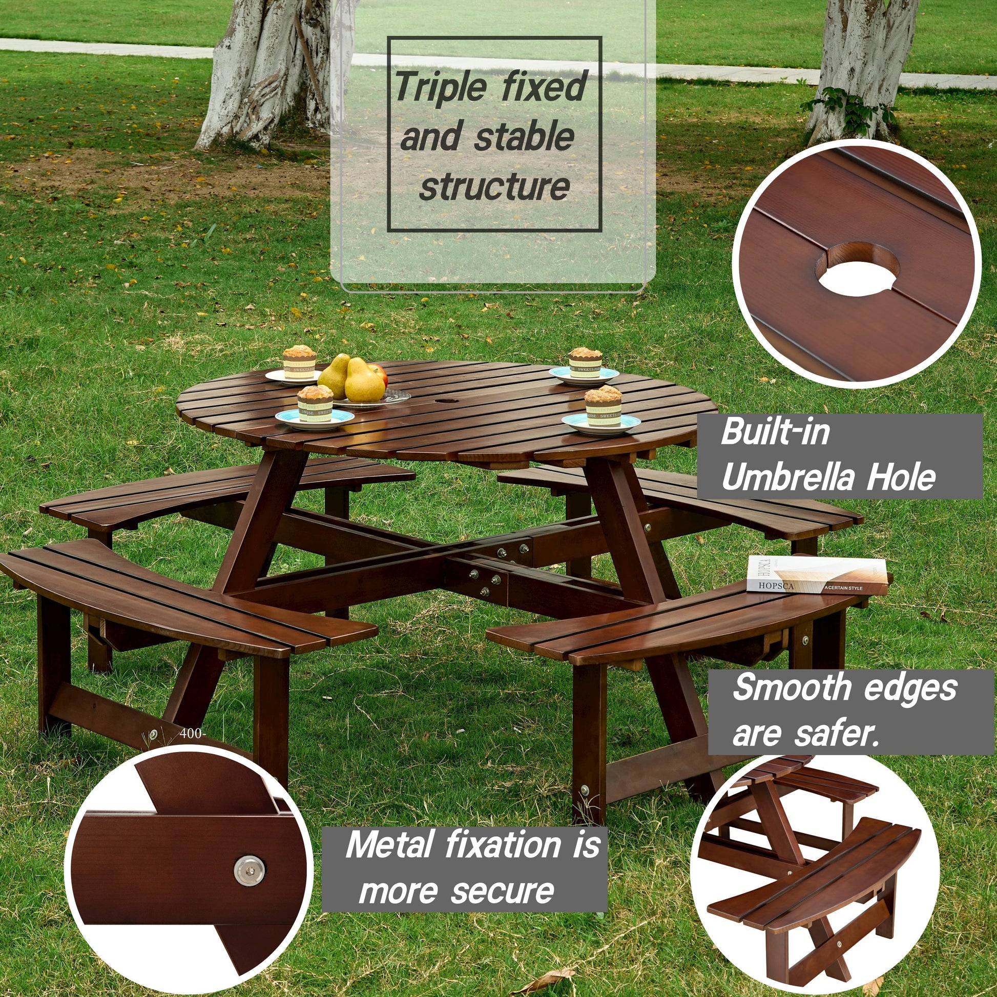 Outdoor 8 Person round picnic table with built-in benches brown wood umbrella hole HouseOfZazla on Tampa Home & Garden Store