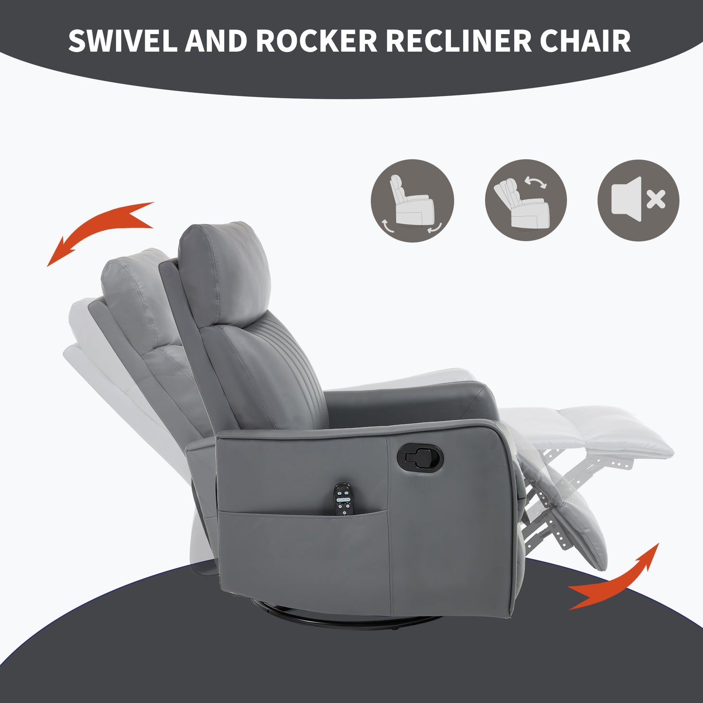 Grey faux leather heat massage manual recliner chair with rocker and swivel by HouseOfZazla on Tampa Home & Garden Store