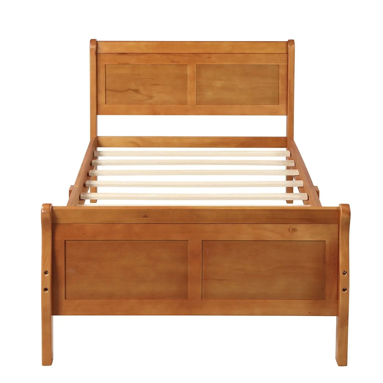 Platform bed frame with headboard and footboard in warm honey wood with slat support on Tampa Home & Garden Store