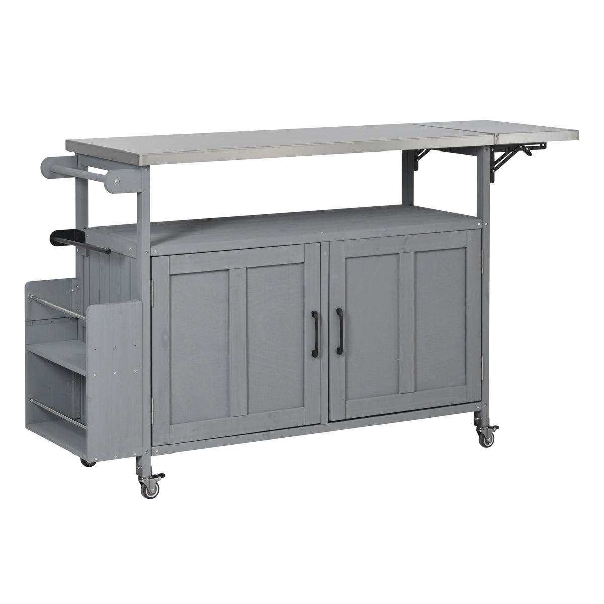 Foldable outdoor kitchen island cart in grey metal with wheels, two-door cabinet, foldable top on Tampa Home & Garden Store