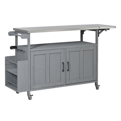 Foldable outdoor kitchen island cart in grey metal with wheels, two-door cabinet, foldable top on Tampa Home & Garden Store