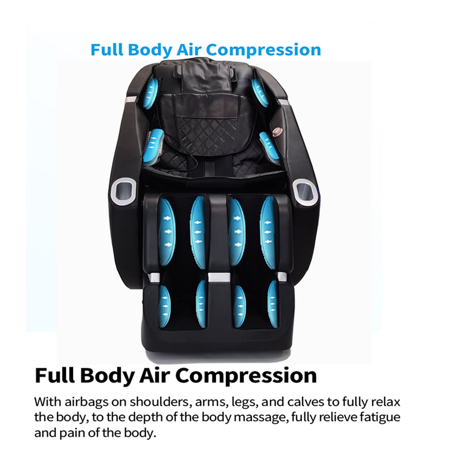 Zero Gravity Massage Chair by HouseOfZazla, black full-body chair with blue air pads on Tampa Home & Garden Store