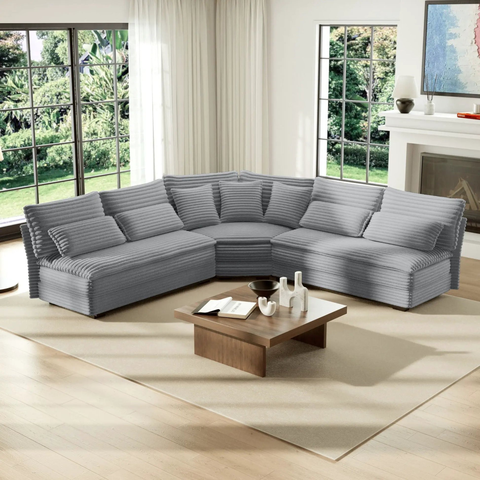 5-Seater L-shaped stationary sectional sofa curved corner gray ribbed fabric 7 pillows on Tampa Home & Garden Store
