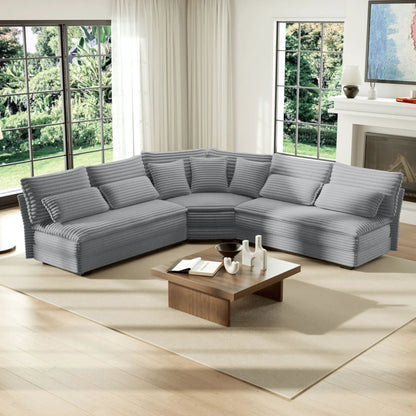 5-Seater L-shaped stationary sectional sofa curved corner gray ribbed fabric 7 pillows on Tampa Home & Garden Store
