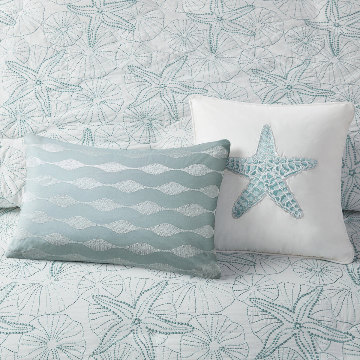 Duvet cover mini set white cotton with light blue embroidered seashells, full/queen; includes starfish-embellished white pillow and blue wavy-pattern pillow by HouseOfZazla on Tampa Home & Garden Store