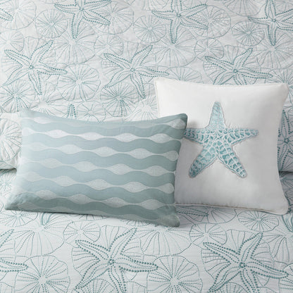 Duvet cover mini set white cotton with light blue embroidered seashells, full/queen; includes starfish-embellished white pillow and blue wavy-pattern pillow by HouseOfZazla on Tampa Home & Garden Store