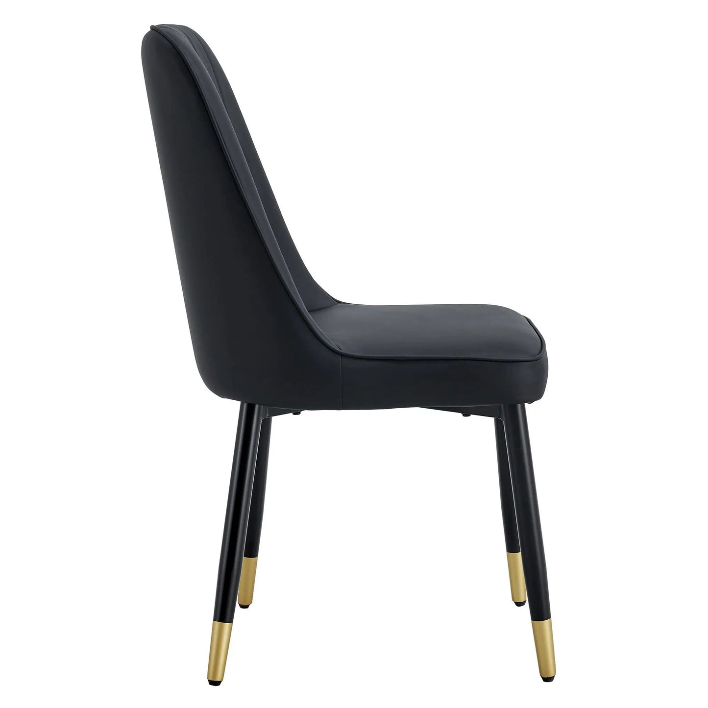 Modern chair with black leather upholstery, curved back, and gold-tipped metal legs on Tampa Home & Garden Store