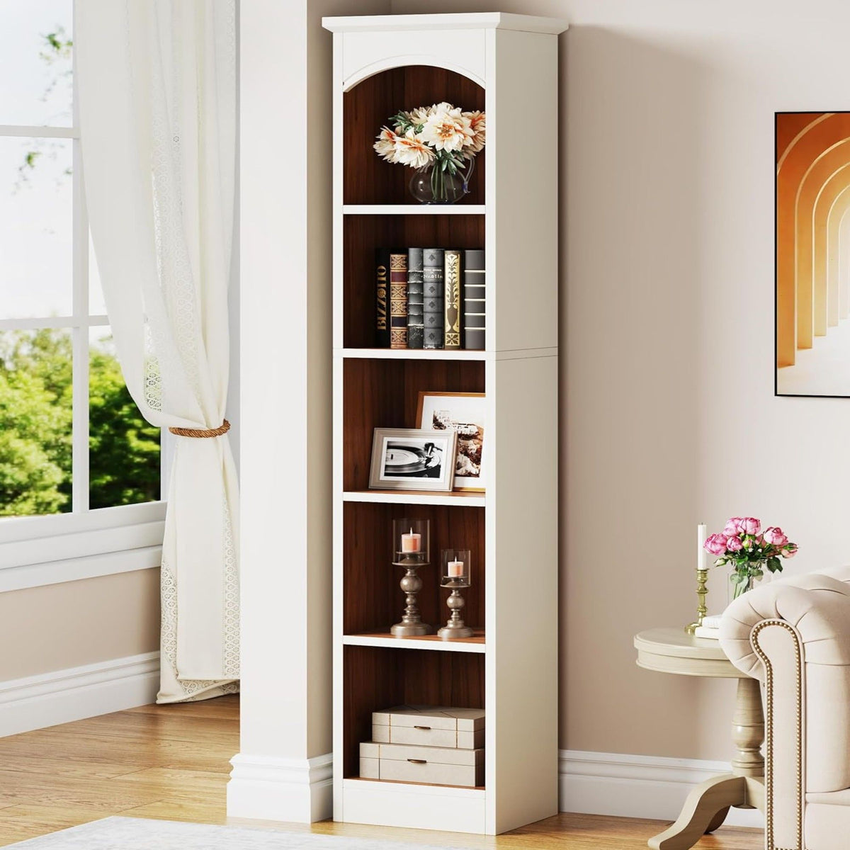 5 Tier Library Bookcase white frame with dark interior waterproof melamine by HouseOfZazla books on Tampa Home & Garden Store