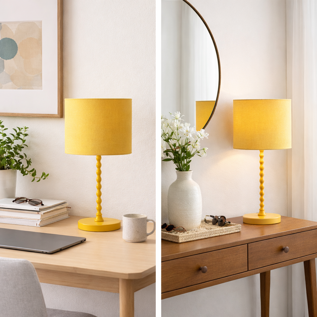 Modern Classic Desk Lamp by HouseOfZazla, yellow twisted-stem table lamp on light wood desk on Tampa Home & Garden Store