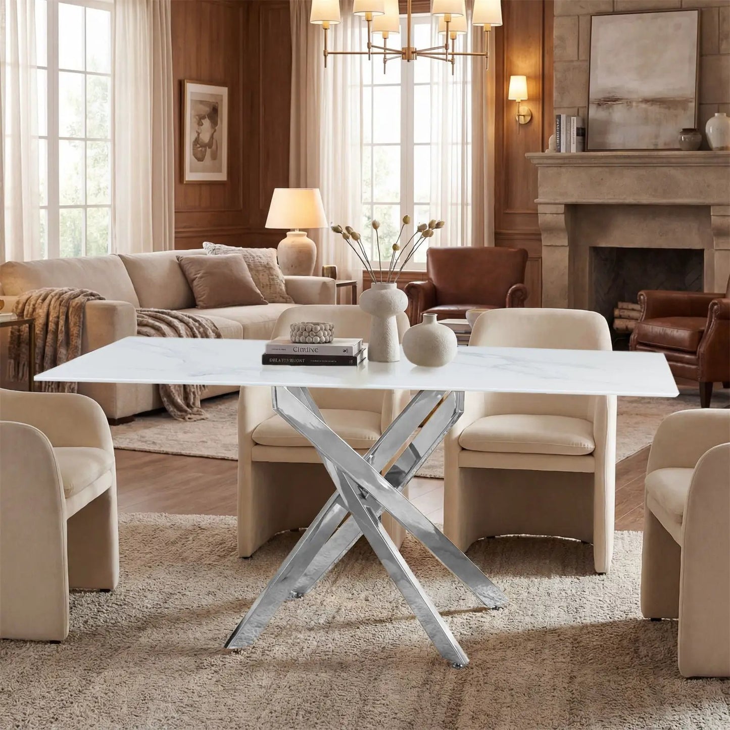 Modern Rectangular Dining Table with Metal Frame
