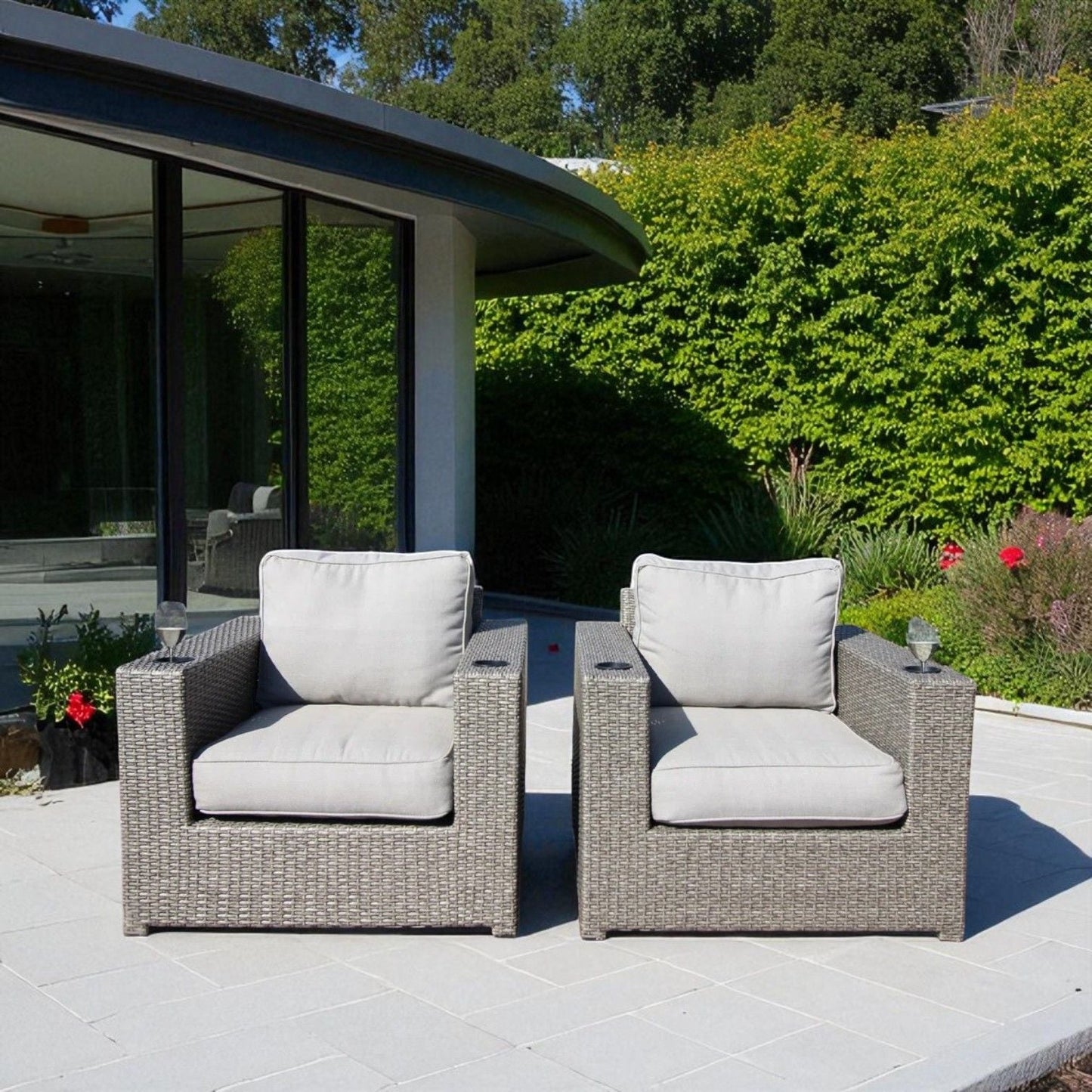 Outdoor lounge chairs with cushions by HouseOfZazla, weather-resistant gray wicker pair on Tampa Home & Garden Store