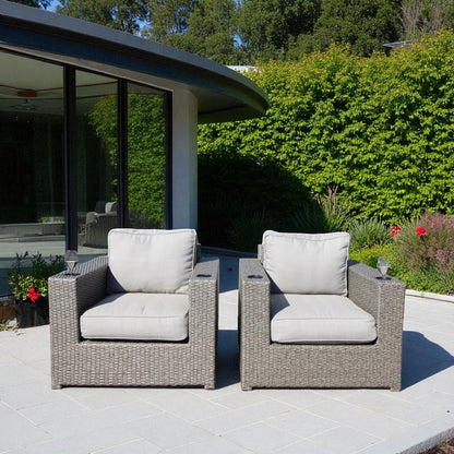 Outdoor lounge chairs with cushions by HouseOfZazla, weather-resistant gray wicker pair on Tampa Home & Garden Store