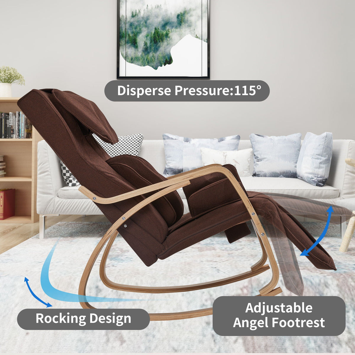 Massage rocking chair with air pressure cushions in brown fabric on a wooden rocker frame on Tampa Home & Garden Store