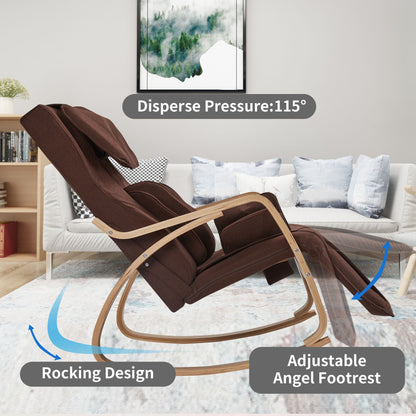 Massage rocking chair with air pressure cushions in brown fabric on a wooden rocker frame on Tampa Home & Garden Store