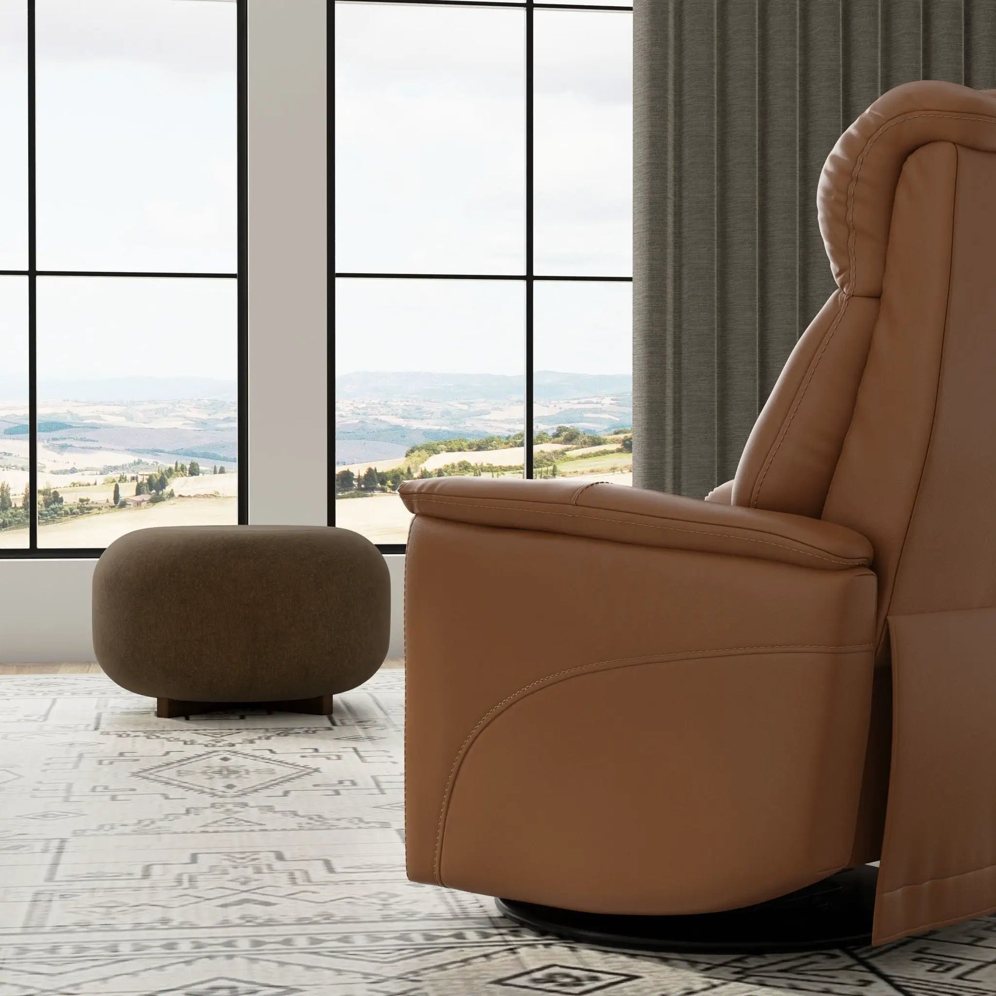 Bentley swivel recliner by Unique Piece Furniture in tan leather with manual headrest ottoman on Tampa Home & Garden Store