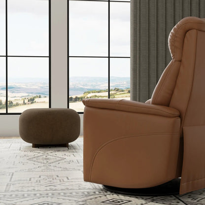 Bentley swivel recliner by Unique Piece Furniture in tan leather with manual headrest ottoman on Tampa Home & Garden Store