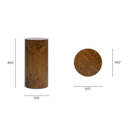 Nebula Accent Pillar Side Table Burl Wood Veneer in light brown by HouseOfZazla, 14.5in dia x 29.5in high on Tampa Home & Garden Store