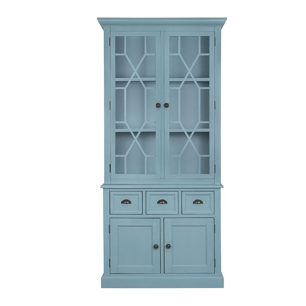Solid acacia wood accent cabinet with blue glass doors featuring geometric lattice and 3 drawers on Tampa Home & Garden Store