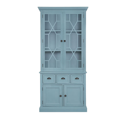 Solid acacia wood accent cabinet with blue glass doors featuring geometric lattice and 3 drawers on Tampa Home & Garden Store