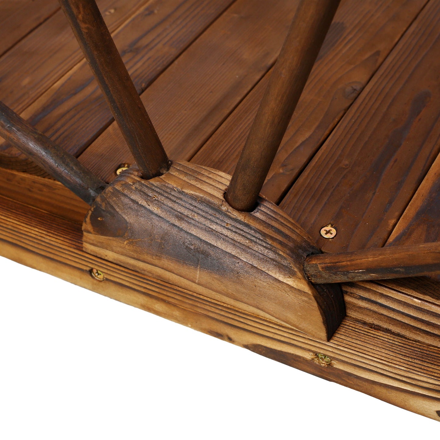 Wooden garden arc footbridge with brown finish and half-wheel railings on Tampa Home & Garden Store