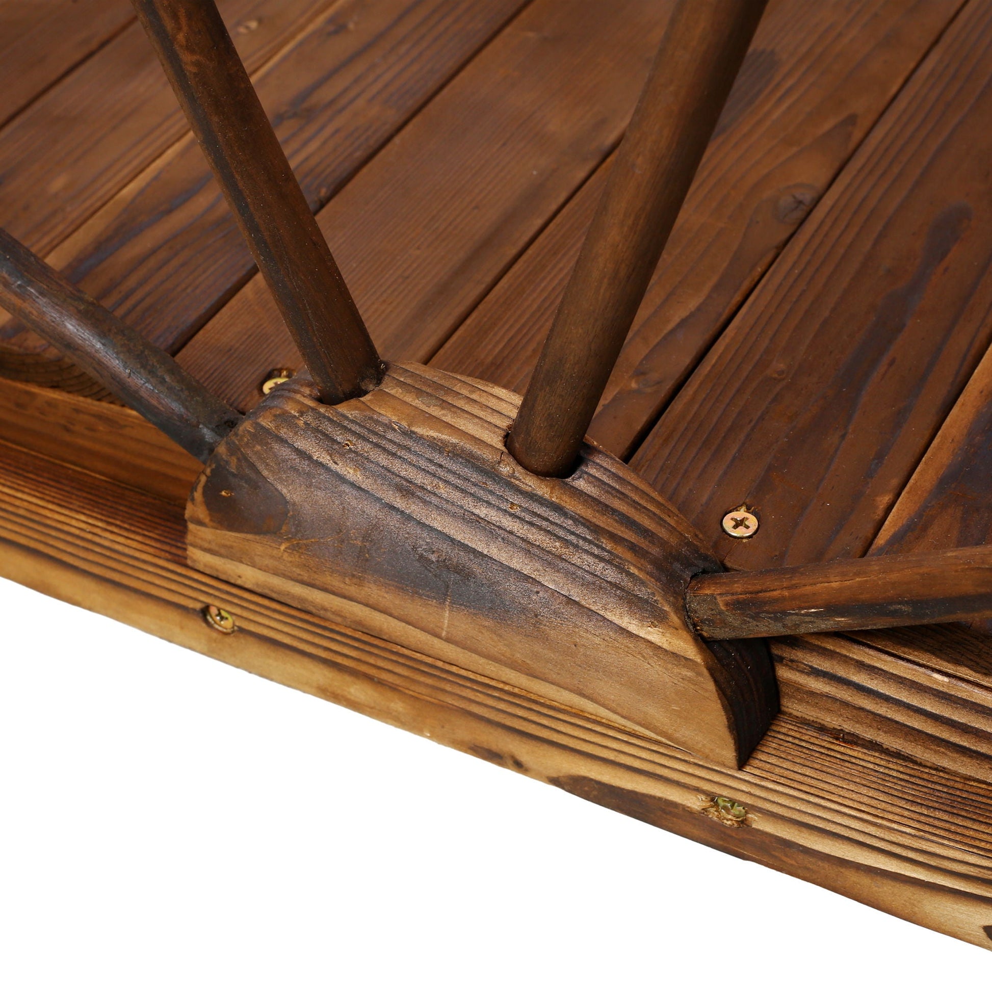 Wooden garden arc footbridge with brown finish and half-wheel railings on Tampa Home & Garden Store
