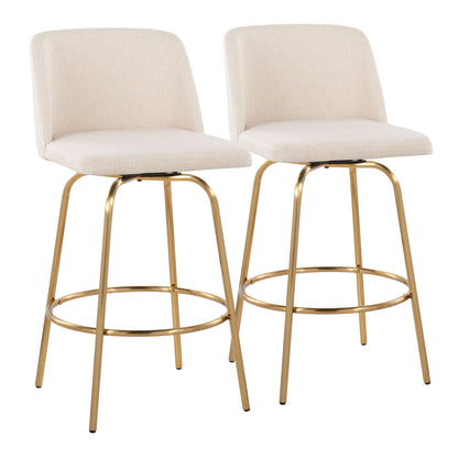 Toriano contemporary fixed-height swivel counter stools set of 2 beige fabric with gold legs on Tampa Home & Garden Store