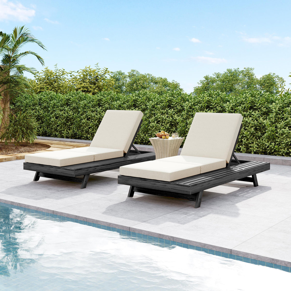 Acacia wood outdoor chaise sunloungers (2) with beige cushions on a platform by HouseOfZazla on Tampa Home & Garden Store
