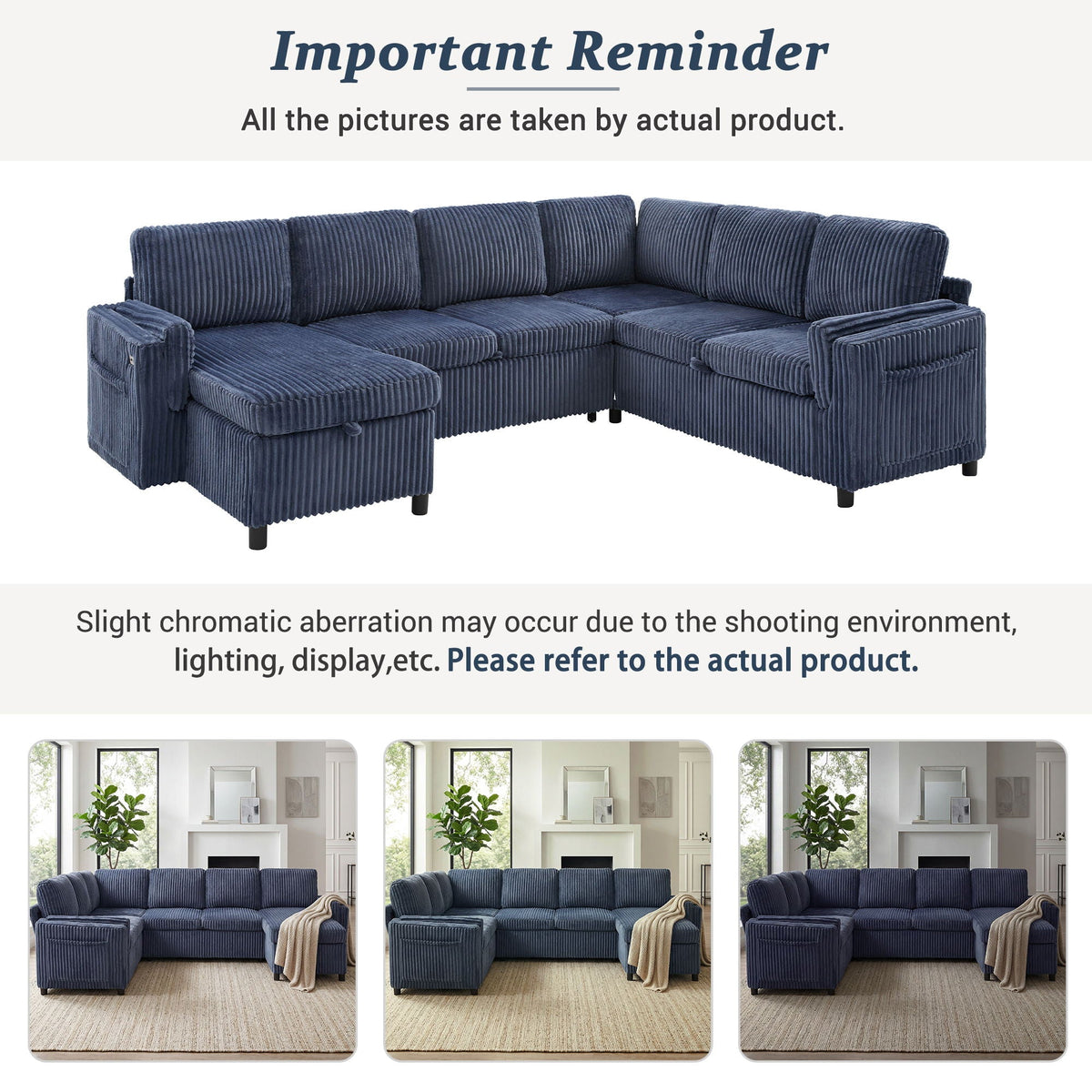 HouseOfZazla blue corduroy stationary U-shaped sectional sofa with plush cushions on Tampa Home & Garden Store