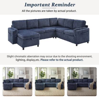 HouseOfZazla blue corduroy stationary U-shaped sectional sofa with plush cushions on Tampa Home & Garden Store