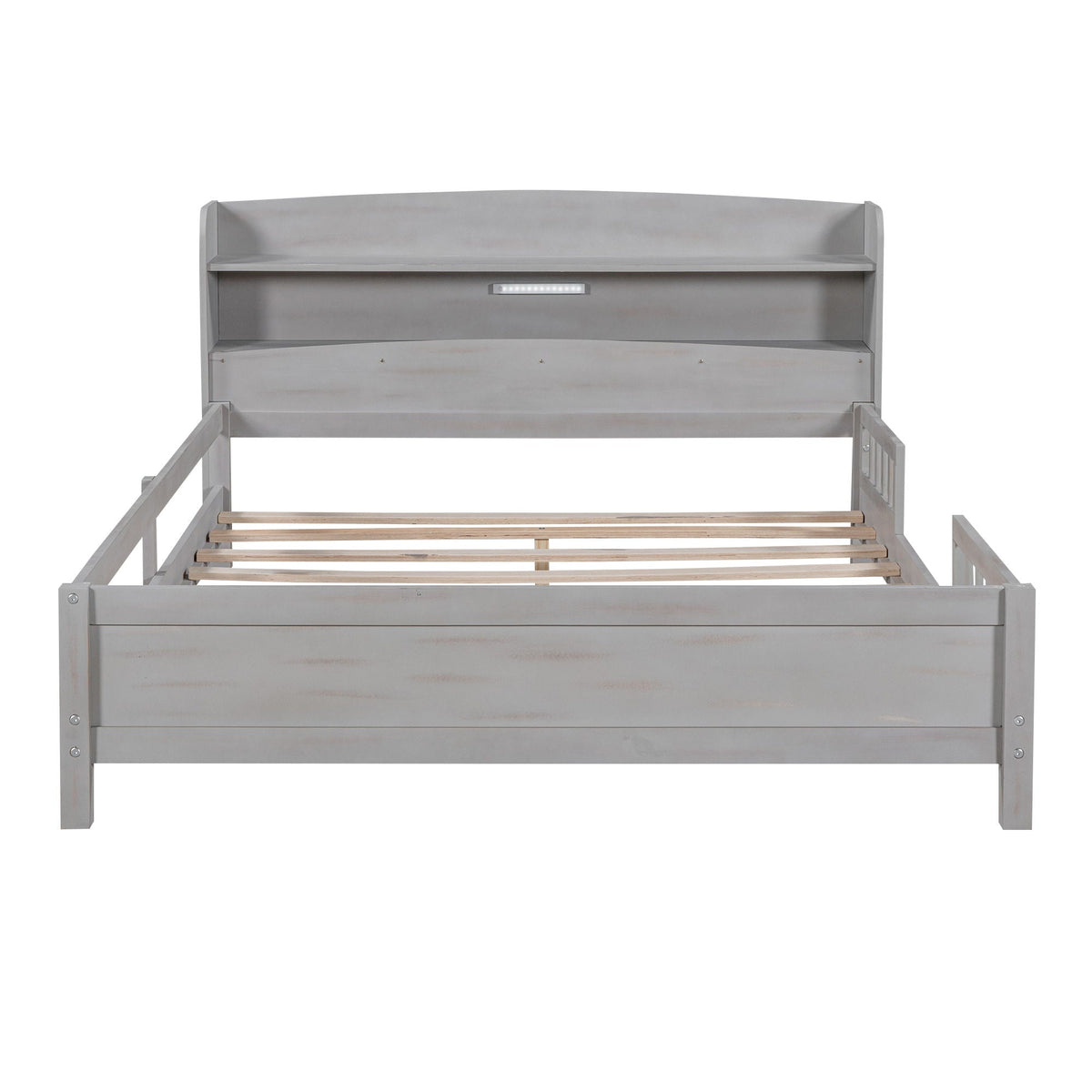 Wood platform bed with built-in LED light, gray storage headboard and guardrails on Tampa Home & Garden Store