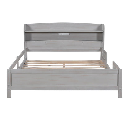 Wood platform bed with built-in LED light, gray storage headboard and guardrails on Tampa Home & Garden Store