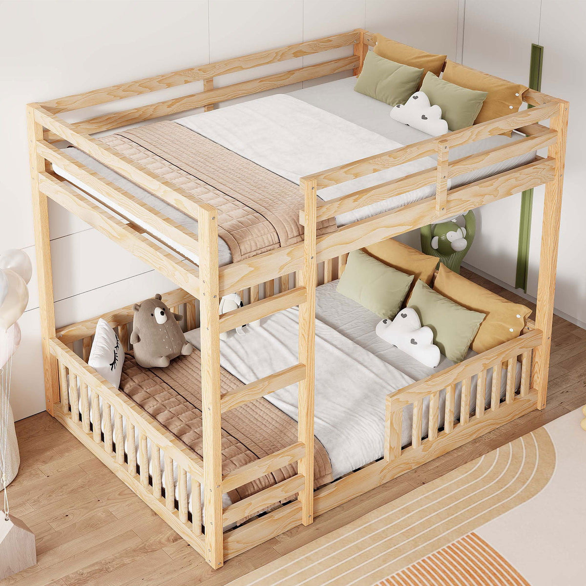 Stylish bunk bed with ladder and guardrails in wood HouseOfZazla dual sleeping levels on Tampa Home & Garden Store