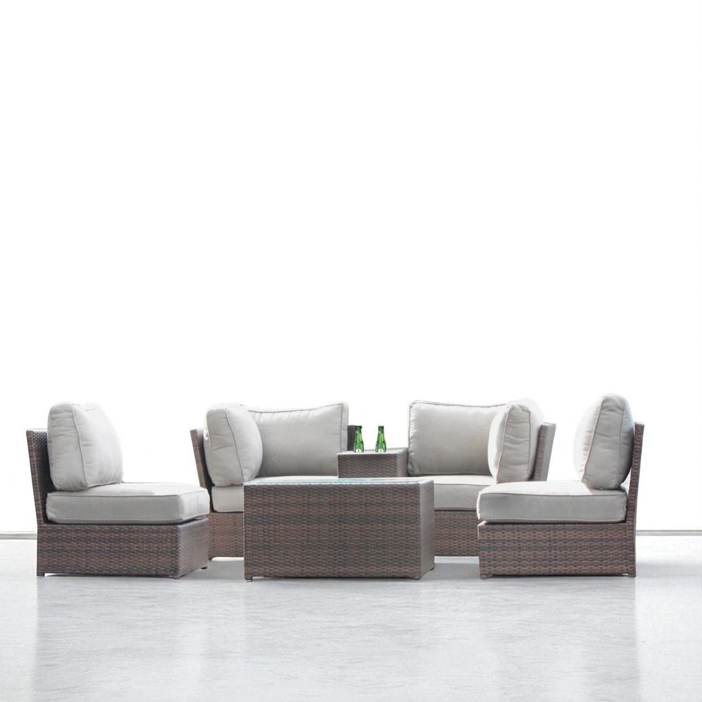 Comfortable modern patio rattan sectional set with cushions, brown wicker, gray cushions, includes table on Tampa Home & Garden Store