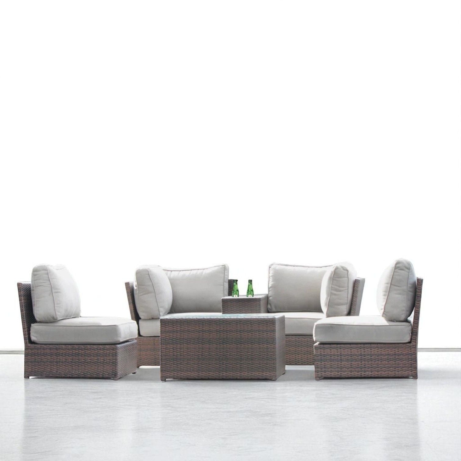 Comfortable modern patio rattan sectional set with cushions, brown wicker, gray cushions, includes table on Tampa Home & Garden Store