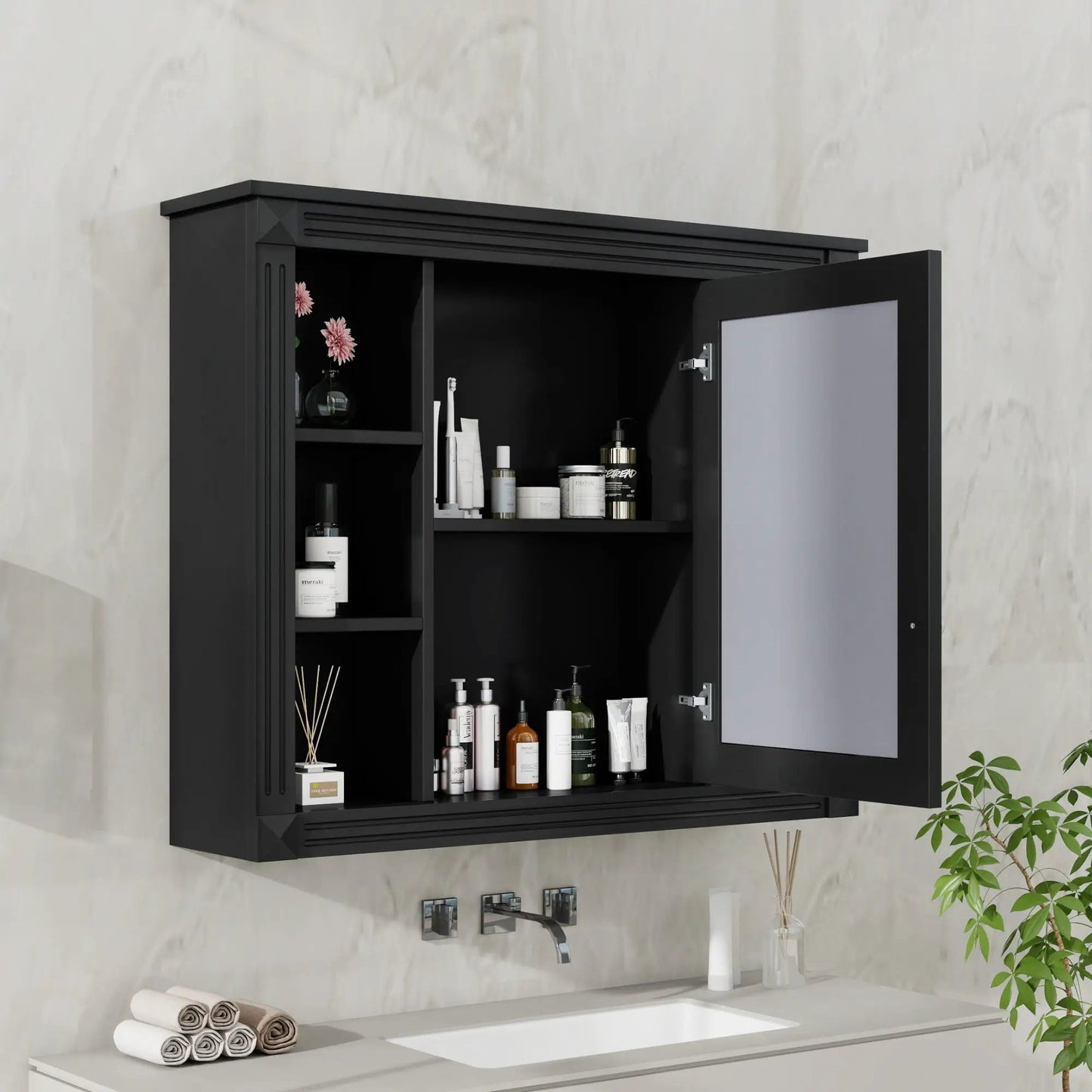 Wall Mount Bathroom Mirror Cabinet Shelves Black