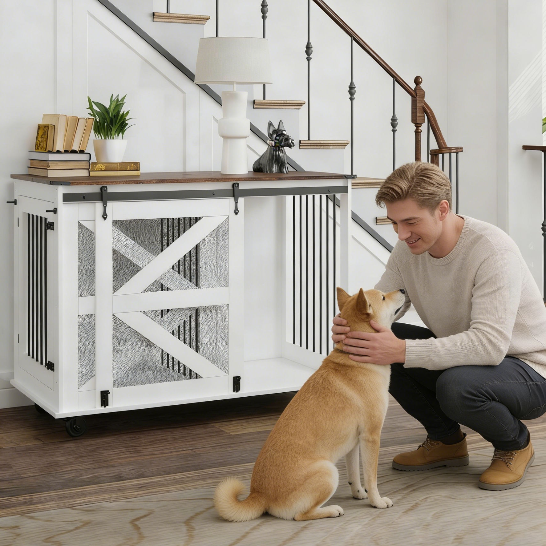 Mobile dog crate with flip-top feeding door, white brown top, 5-wheel caster HouseOfZazla on Tampa Home & Garden Store