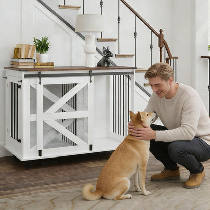 Mobile dog crate with flip-top feeding door, white brown top, 5-wheel caster HouseOfZazla on Tampa Home & Garden Store