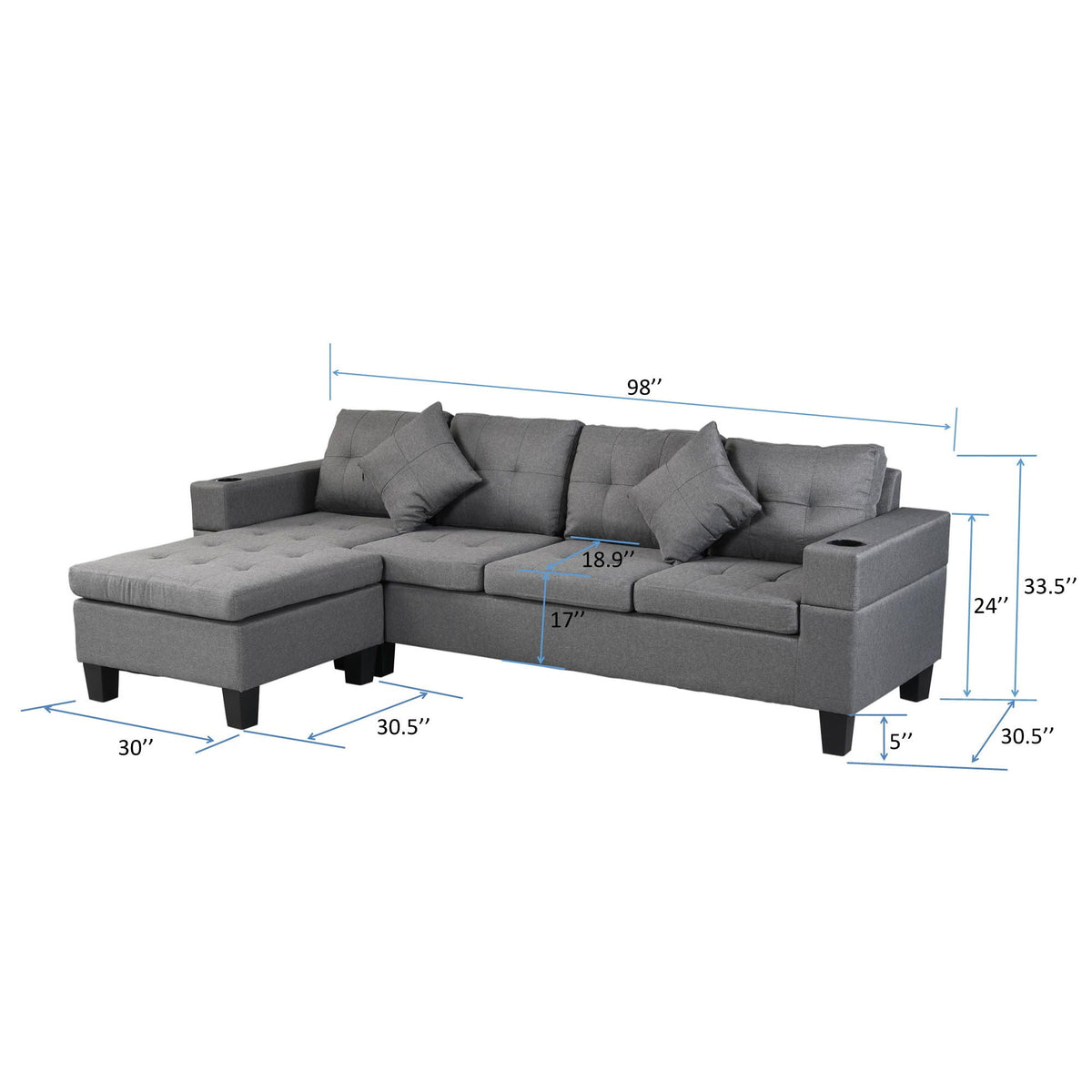 Modern gray L-shaped sectional sofa by HouseOfZazla with chaise and cup holders, 4 seats on Tampa Home & Garden Store