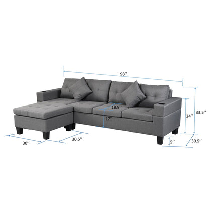 Modern gray L-shaped sectional sofa by HouseOfZazla with chaise and cup holders, 4 seats on Tampa Home & Garden Store