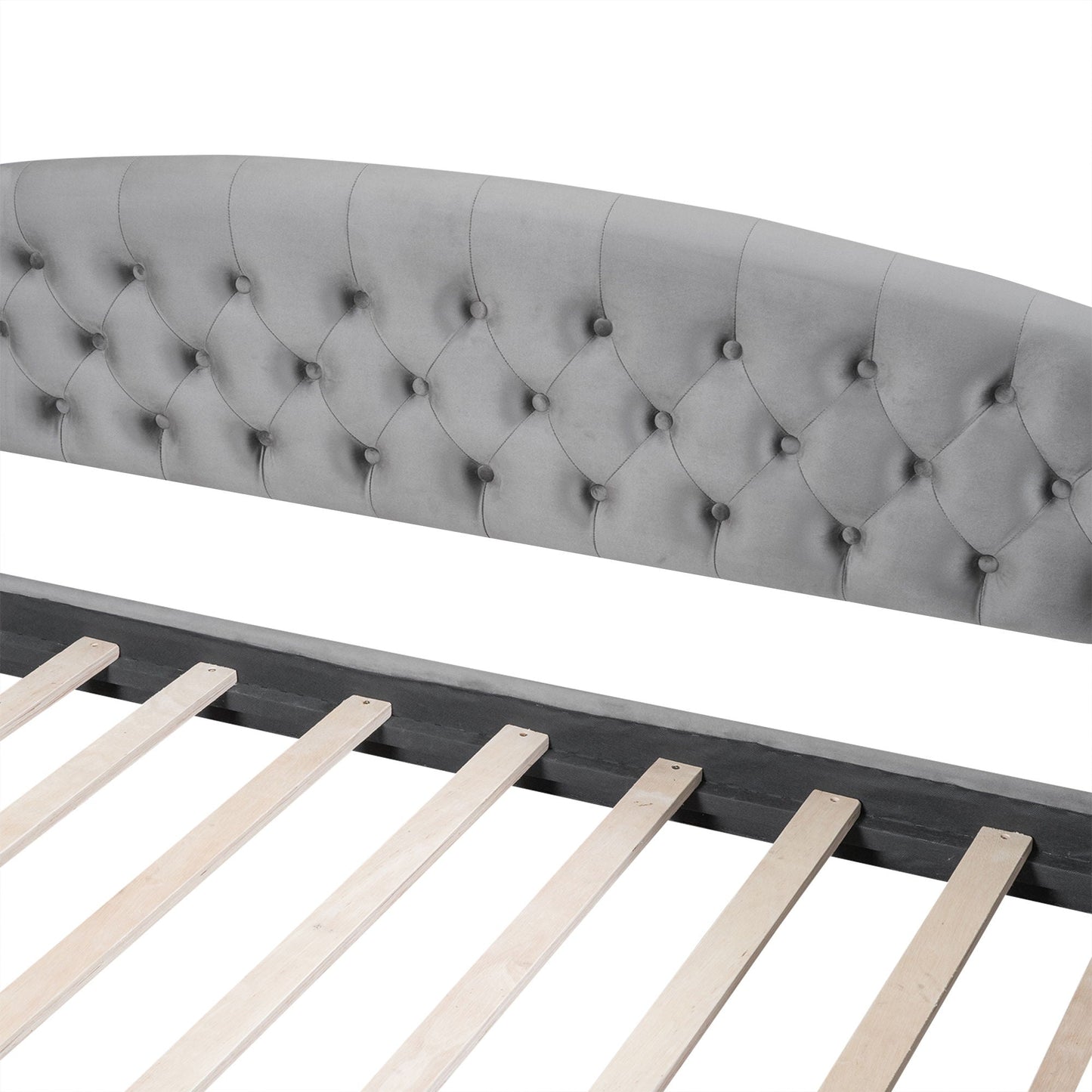 Modern tufted button daybed in gray upholstery with diamond tufting and exposed wood slats on Tampa Home & Garden Store