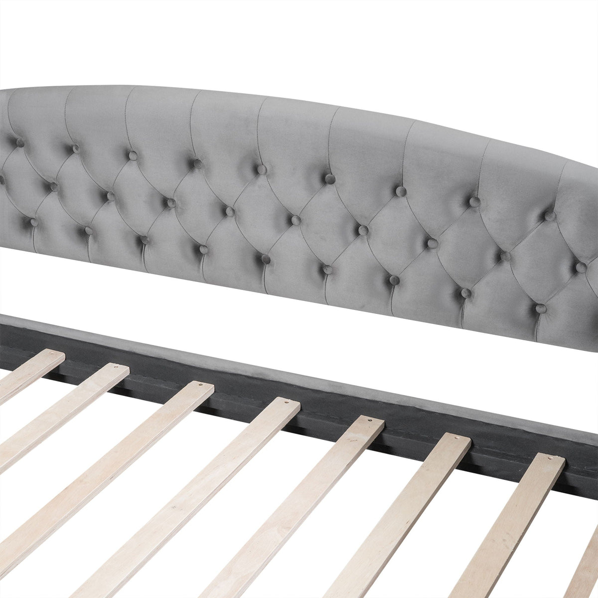 Modern tufted button daybed in gray upholstery with diamond tufting and exposed wood slats on Tampa Home & Garden Store