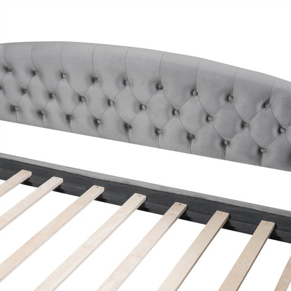 Modern tufted button daybed in gray upholstery with diamond tufting and exposed wood slats on Tampa Home & Garden Store